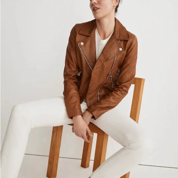 Madewell Washed Leather Motorcycle Jacket in Cedar (S) Like New - Picture 6 of 15